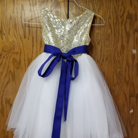 Flower girl dresses gold with blue sash - Picture 2 of 3
